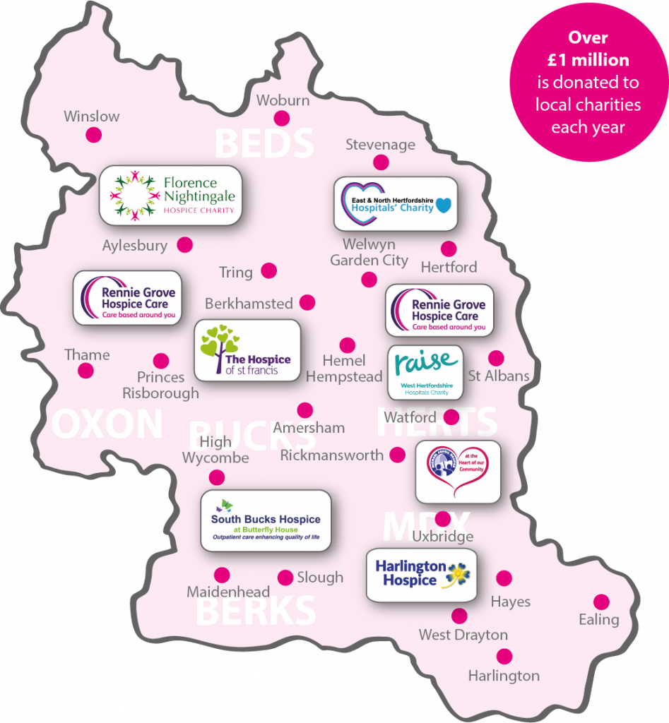 Map with locations of partner charities